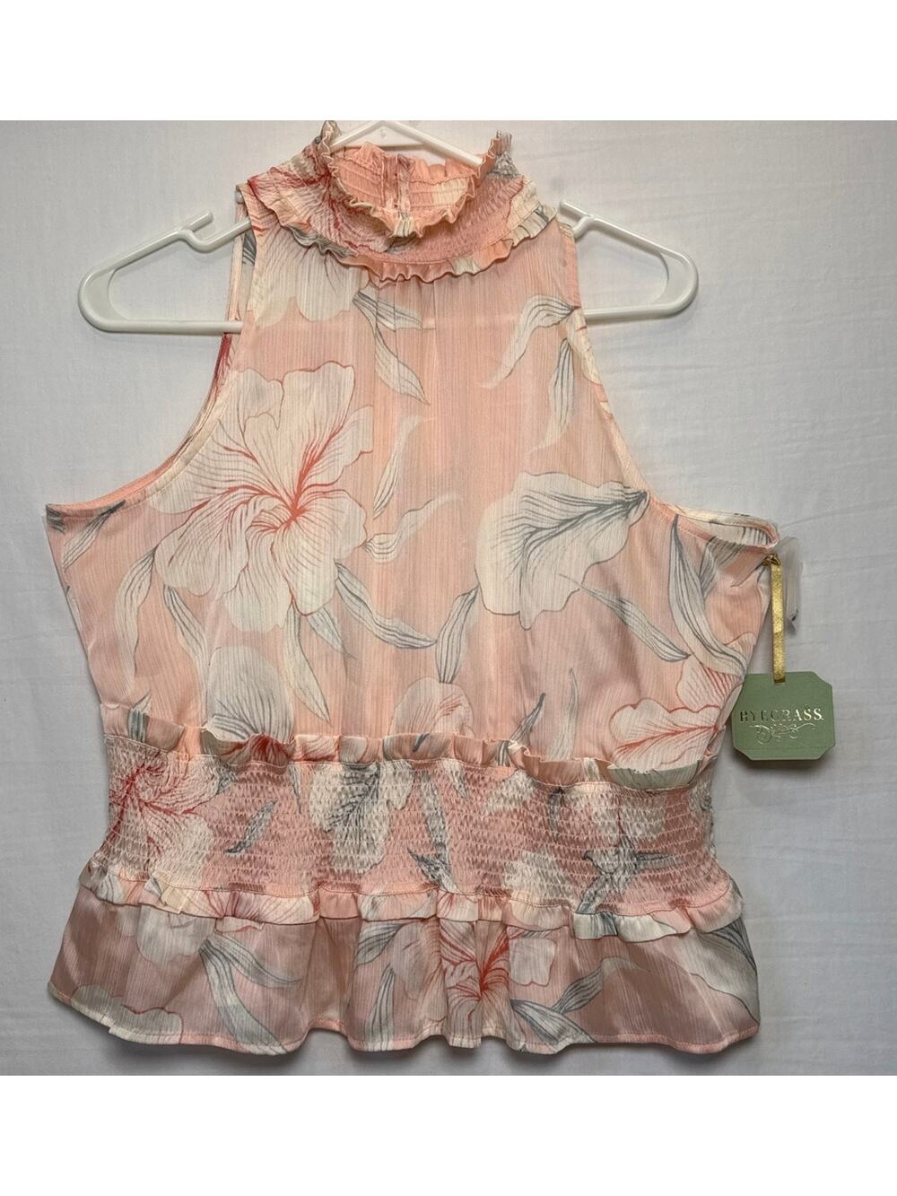 Ryegrass NWT Floral High Neck Smocked Peach Peplum Blouse Women’s Large